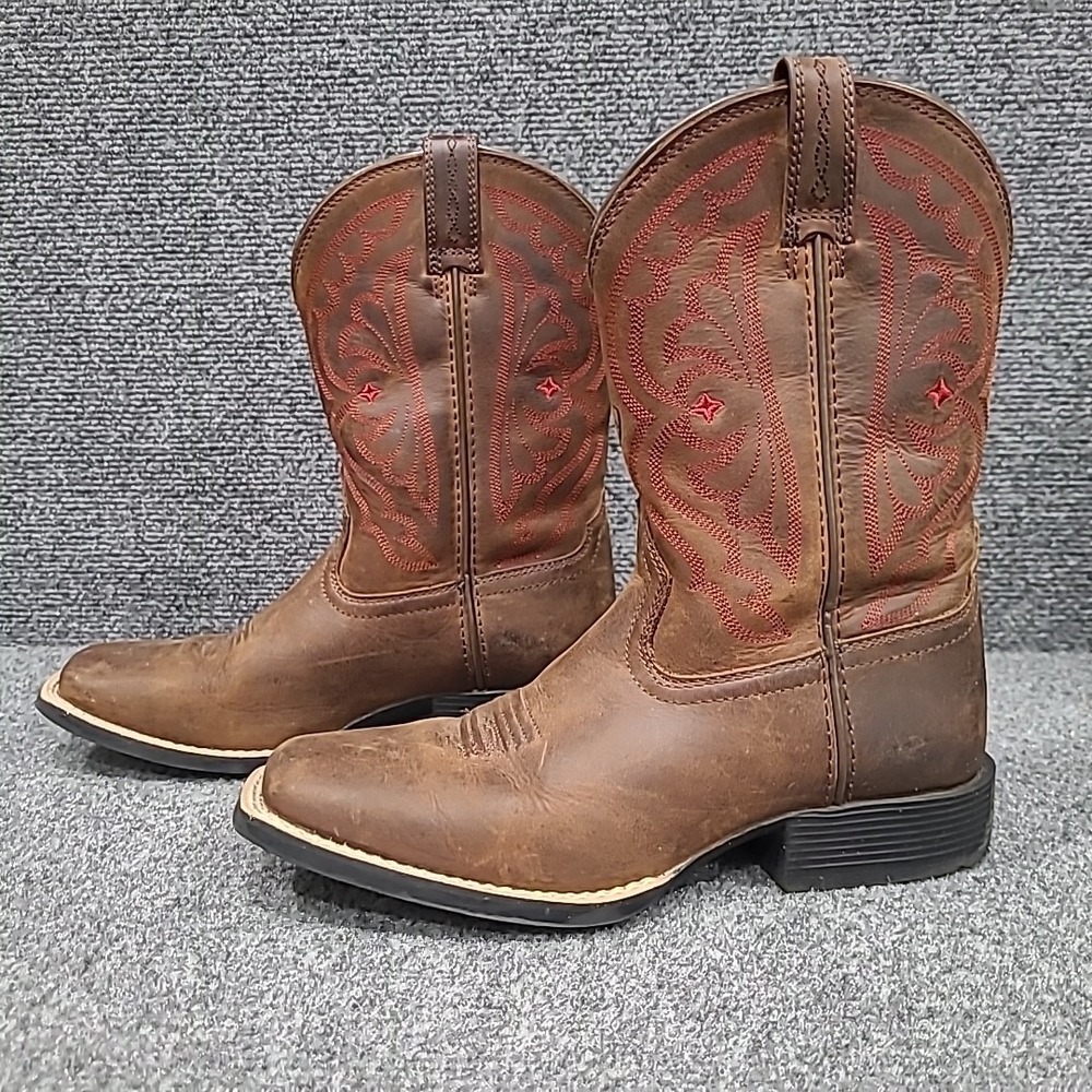 Ariat‎ Quickdraw Western Boots Kids Youth Size 3 Brown / Red Square Toe 10004853